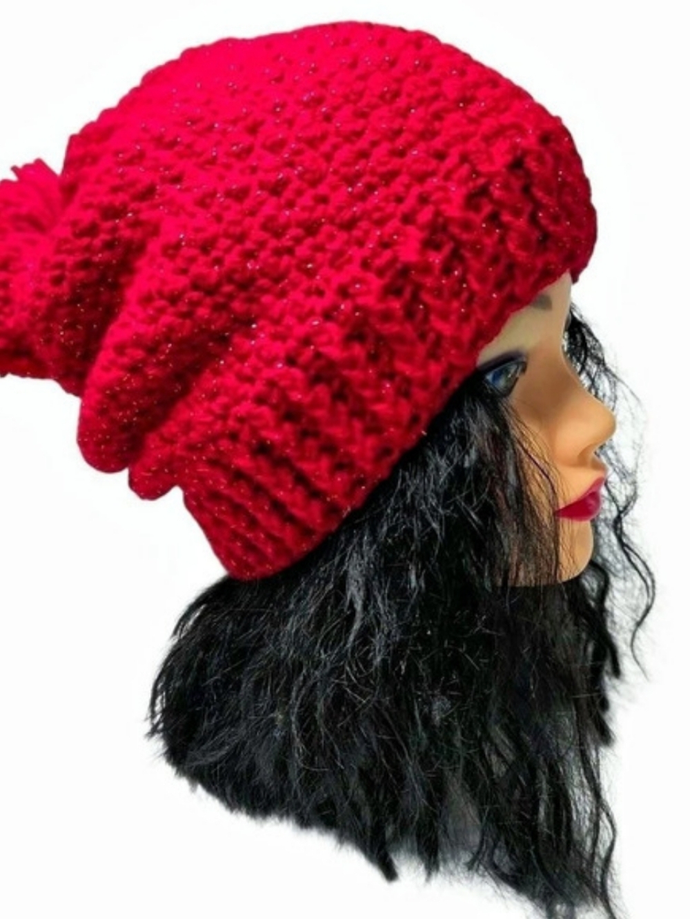 Handmade Crochet Red Knit Pom-Pom Beanie-One Size-New